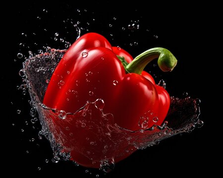 A red bell pepper with water splash isolated on black background - Powered by Adobe