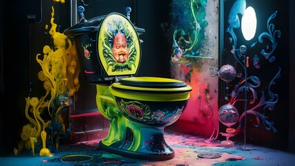 A colorful toilet with a colorful design on the lid.