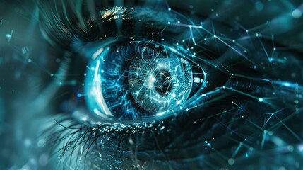 closeup of digital eye with cybernetic iris and data connections