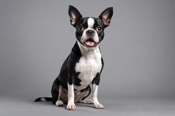 Fototapeta premium sit Boston Terrier dog with open mouth looking at camera, copy space. Studio shot.