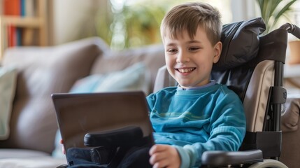 Happy young boy in a wheelchair using a tablet in a cozy living room setting.