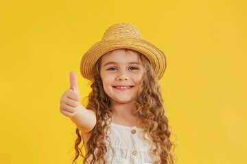  happy little girl with long curly hair wearing straw hat, giving a thumbs up gesture
