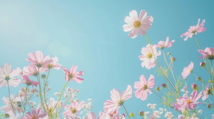 light blue background with pink daisies, pastel color theme, copy space concept