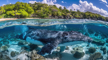 A whale gracefully swims in the ocean waters next to a sandy beach, creating a peaceful scene