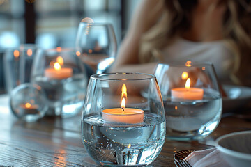 A delicate glass vase filled with floating candles, casting a warm, flickering glow over a romantic dinner setting.