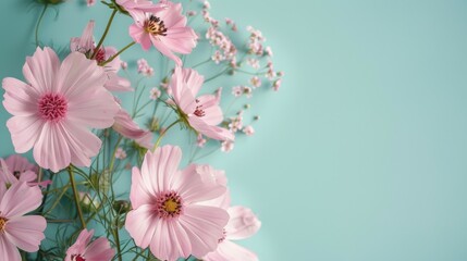 Fototapeta premium light blue background with pink daisies, pastel color theme, copy space concept