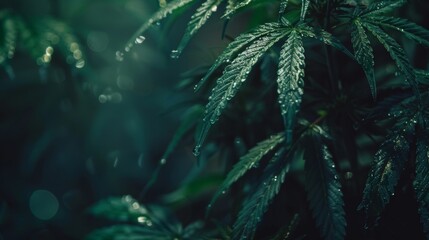 Close-up of cannabis plant leaves covered in fresh water droplets, with a moody dark green tone.