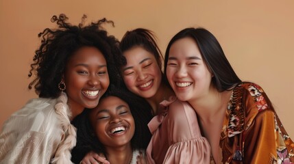 Obraz premium Four joyful diverse women sharing a close, happy moment against a warm backdrop.