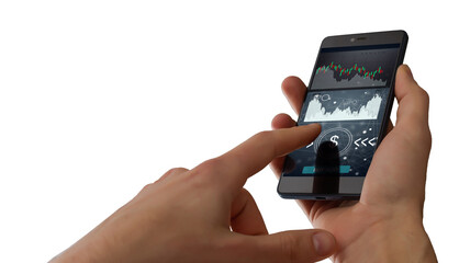 ICO concept - hand clicks on smartphone with abstract graphics.