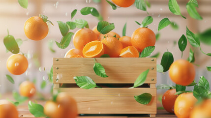 Minimal stylized cartoon brown wooden box with fresh ripe oranges, green leaves floating in air. Autumn harvest at the farm. Healthy fruit snacks for nutrition, vitamins. 3d render isolated