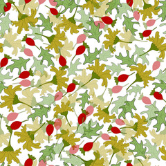 Seamless pattern with red berries, yellow flowers and green leaves and branches, spring floral background, holiday coloured postcard, print for fabric, for wallpaper, wrapping, design autumn print 