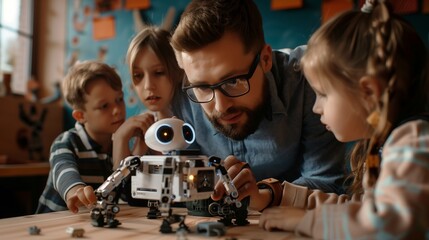 Engaged male mentor with spectacles, teaching robotics to three eager children around a table