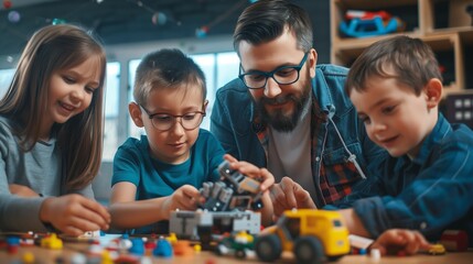 A father and his three children are building a toy robot together, showing engagement and teamwork.