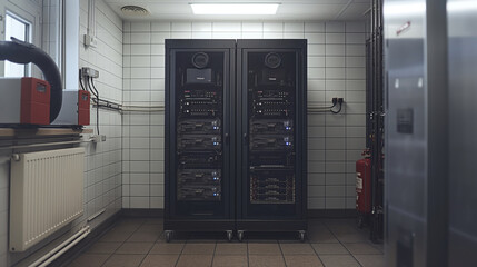 Server room with cabinets full of electronic equipment, internet connection and communication