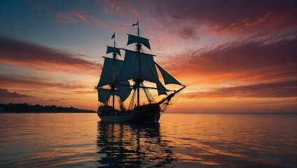 a majestic image of a VOC ship silhouetted