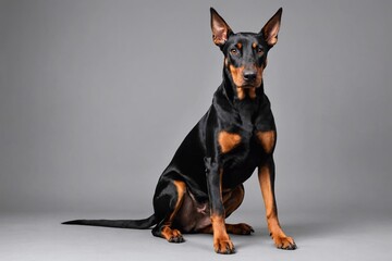 sit Doberman Pinscher dog looking at camera, copy space. Studio shot. - Powered by Adobe