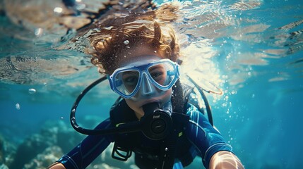 Young female scuba diver submerged in clear blue water, viewed underwater with bubbles.