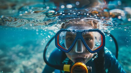 Close-up of a person snorkeling underwater with a blue and orange mask and yellow snorkel.