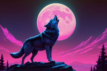 wolf howling at the moon synthwave style