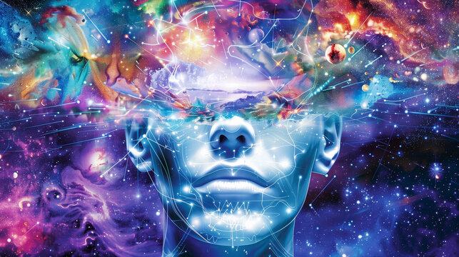 A blue face with a large eye and a large mouth is surrounded by a colorful galaxy. Concept of wonder and curiosity about the universe and the mysteries it holds. psyhological research of human mind