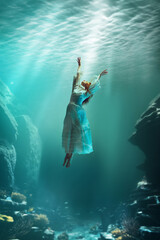 Young tender girl in elegant dress floats weightlessly in the underwater realm, arms outstretched towards the light above. Concept of surrealism, beauty, mystery and fantasy, freedom