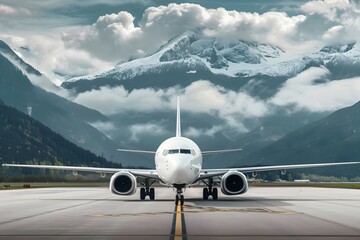 Innovative Aerospace: Modern White Airplane on Runway with Mountains and Clouds. Concept Aerospace Technology, Aviation Innovation, Modern Aircraft Design, Scenic Runway Views