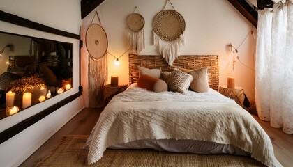 bedroom in hotel, "Bohemian Bliss: A Warm and Cozy Bedroom Escape"
