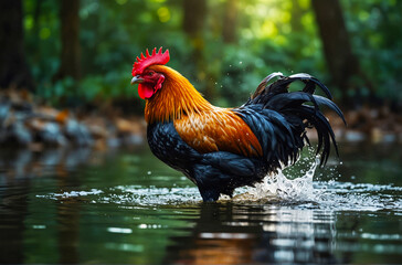 photo of a rooster in the forest standing in a puddle of water, splashing water effect and blurry background of trees