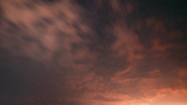 Amazing Night Starry Sky Transition To Bold Morning Sky. Bright Dramatic Trails Of Stars And Meteors. Sky In Different Colors. From Dusk Till Dawn. Misty Night Time. Fast Running Clouds Timelapse.