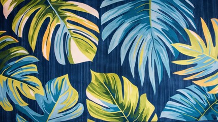 A tropical rug design with vibrant blue, green and yellow leaves on dark blue background.