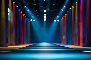 Vibrant backdrop empty runway and bright spotlights await fashion shows start. Concept Fashion Show, Vibrant Backdrop, Empty Runway, Bright Spotlights, Event Start