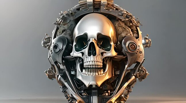 Abstract half robotic skull laughing hysterically with wide open mouth, creating surreal and intriguing concept