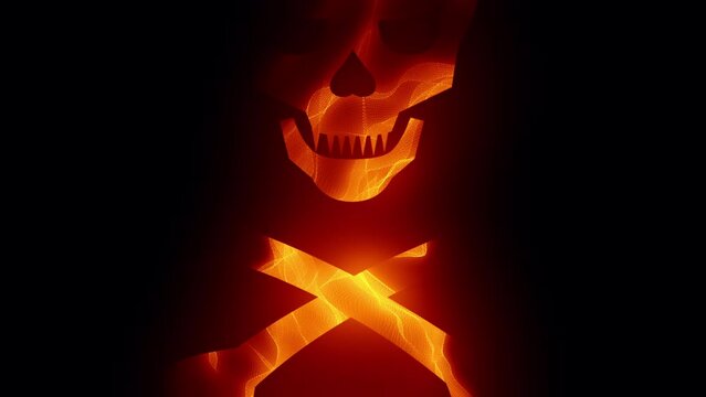 Evil skull face and cross bones with fire glow on dark background 