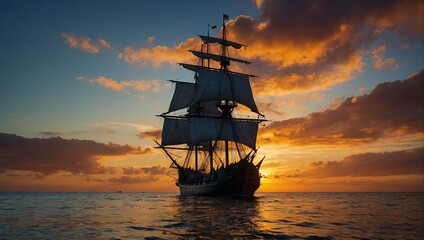 a majestic image of a VOC ship silhouetted