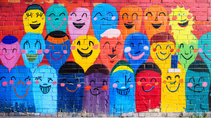 Obraz premium A colorful mural of people with big smiles on their faces. The mural is a representation of a happy and positive community. Ideal for unity, community events, or multicultural marketing themes
