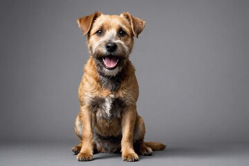 sit Glen of Imaal Terrier dog with open mouth looking at camera, copy space. Studio shot.