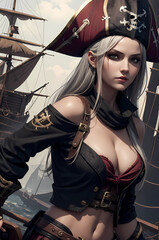 Beautiful ancient pirate girl on war ship