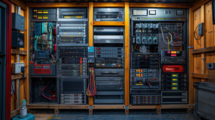 Server room with cabinets full of electronic equipment, internet connection and communication