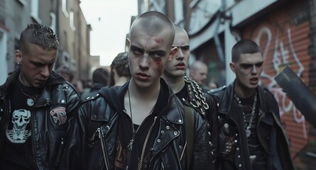 Fototapeta premium Group of tough young men with intense expressions wearing punk leather jackets in an urban setting.