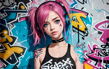 Gorgeous young girl in urban city style art with graffiti