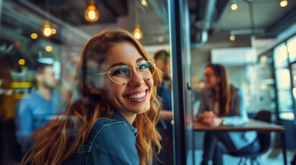 A cheerful young woman with glasses smiling at the camera, inside a modern cafe. - Powered by Adobe