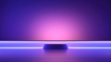 Podium round shape with purple neon light stands on wooden floor in dark room