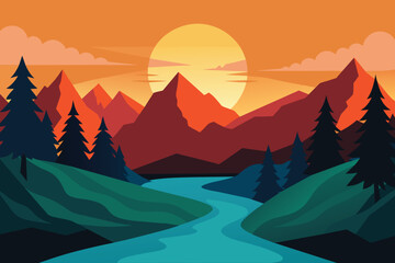 Mountain forest and river sunset or sunrise landscape vector design