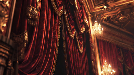 A theater with red curtains and gold trim. AI generative.
