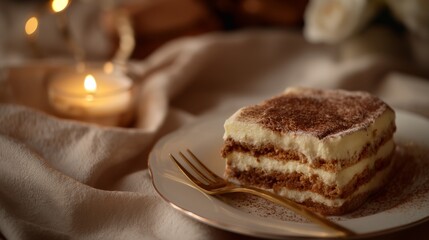 A close-up of a portion of the exquisite Italian tiramisu dessert with gold fork on table against dark background.