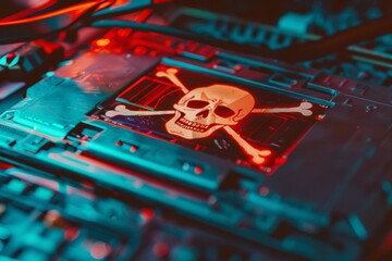 Fototapeta premium A close-up of a floppy disk with a holographic skull and crossbones emblem, a symbol of digital piracy in a nostalgic landscape