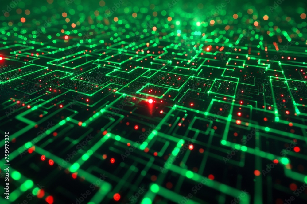 Poster a digital maze teeming with glowing green code, a single red virus particle navigating through the l