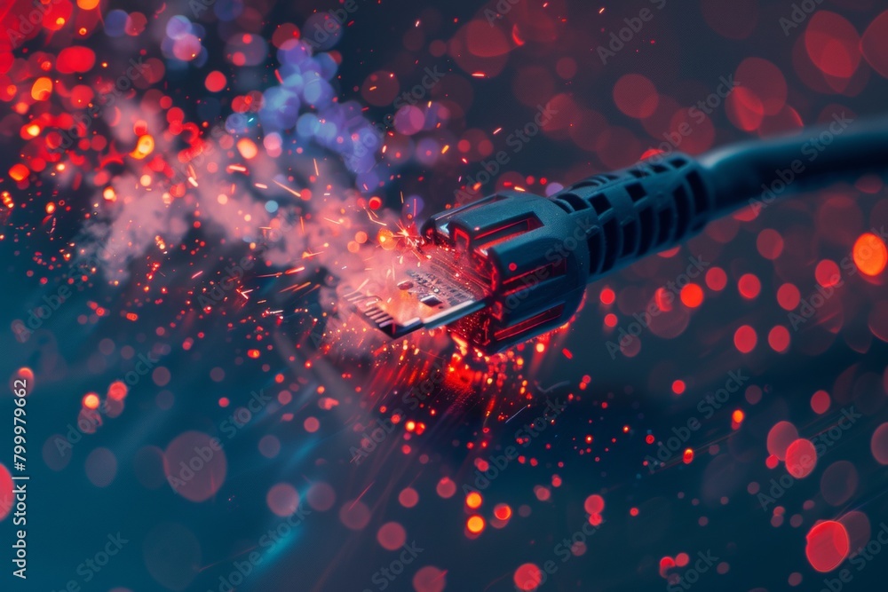 Poster a network cable snaking through a server rack, close-up macro shot with shallow depth of field
