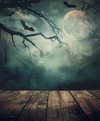 A spooky background with moon and bats, wood table top with foggy night sky, creepy trees, horror themed