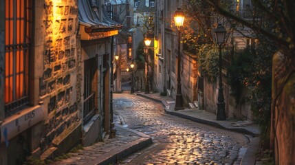 Fototapeta premium A quiet side street illuminated by vintage street lamps, cobblestones gleaming, panoramic view